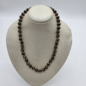 Vintage Tiger’s Eye Beaded Necklace 20” – Polished Natural Stone Strand Silver-T
